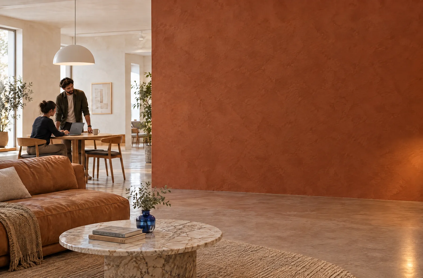 A workplace lounge with a clay-plaster feature wall and an open floor, before any pod is installed